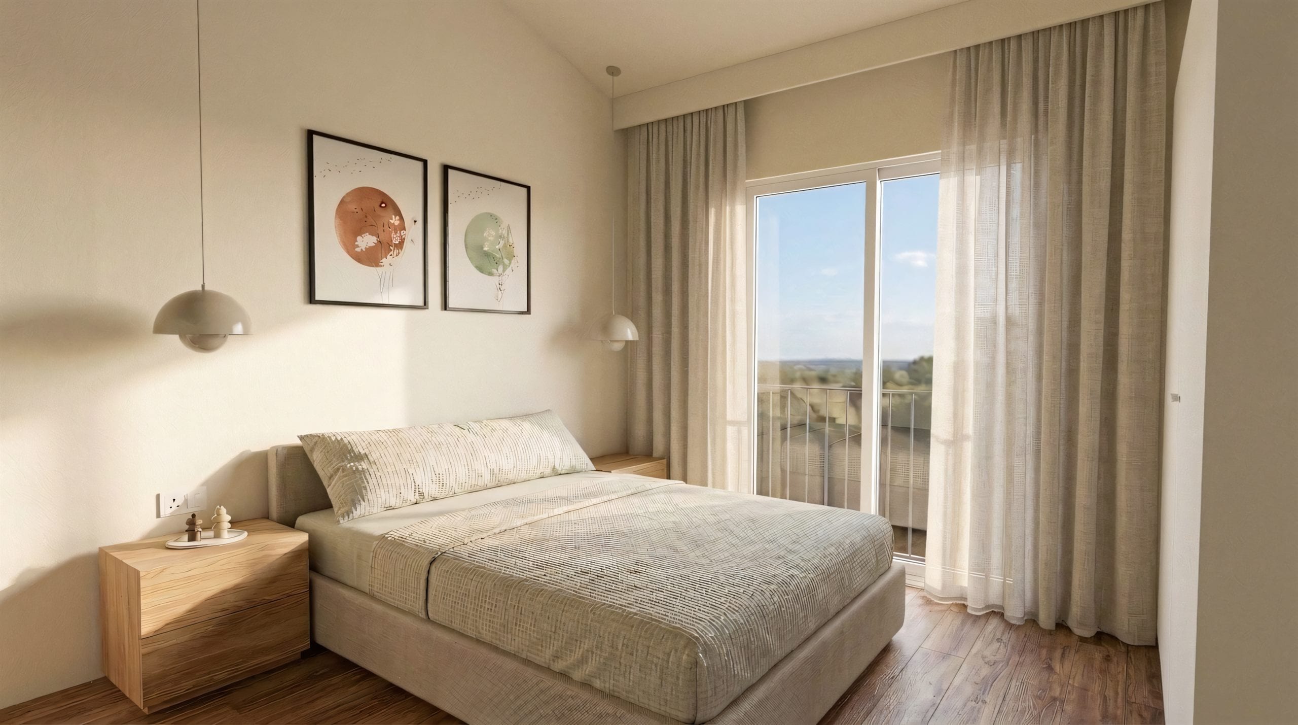 Dormitori en planta primera amb sostre inclinat i porta balconera de terra a sostre.